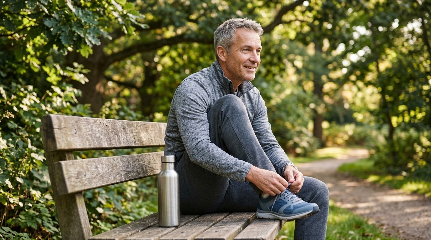An active man ties his running shoes in a park to beat belly fat naturally through exercise.