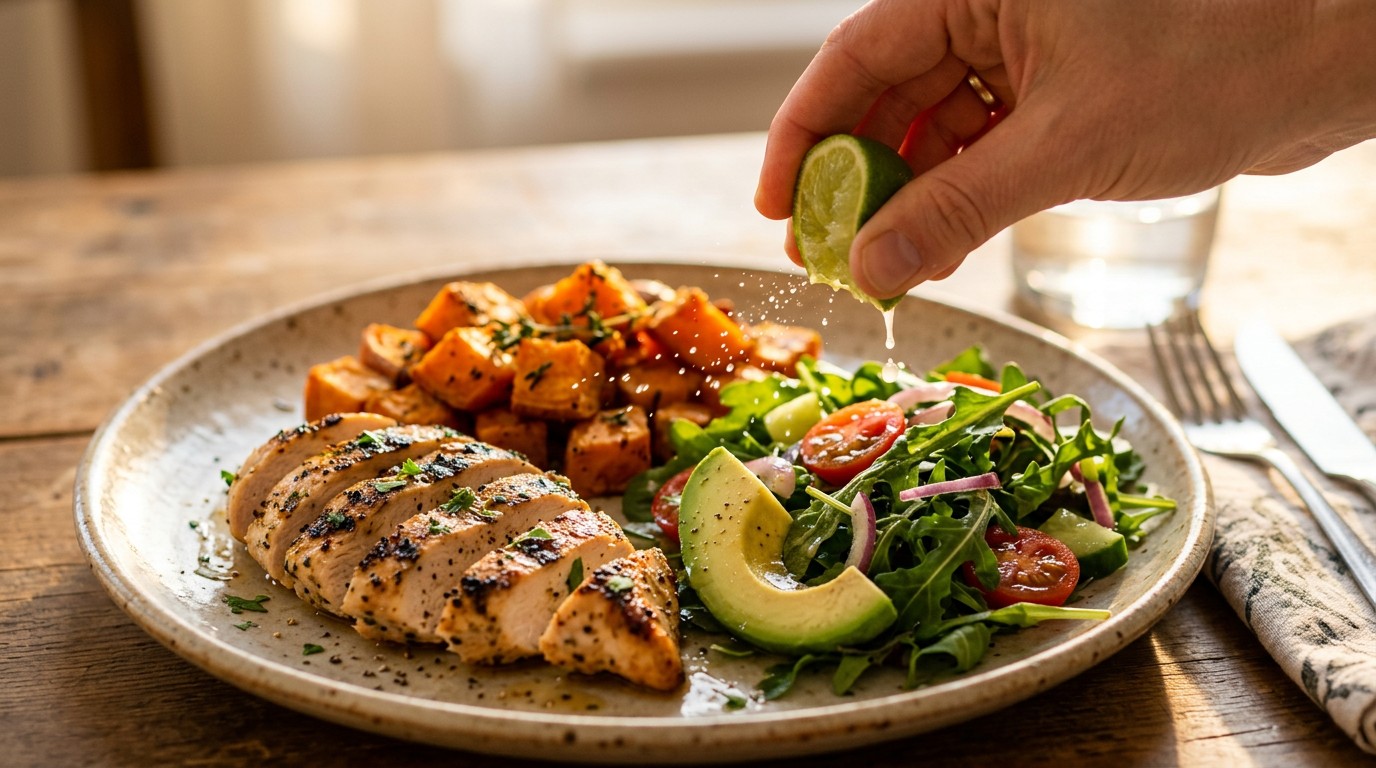 A close up of a colorful, balanced plate of food representing a realistic calorie deficit formula.