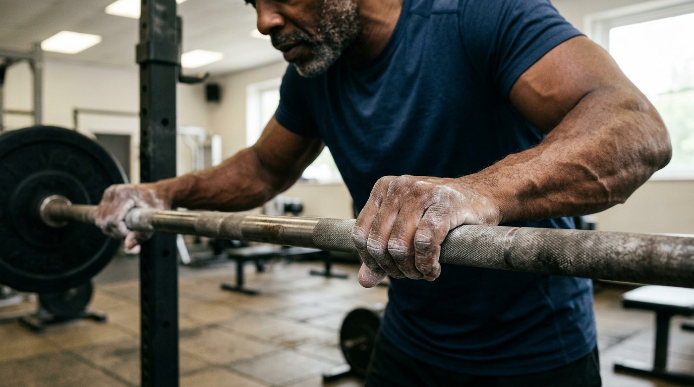 Close up of hands gripping a barbell, showing strength training as how to gain weight for fast metabolism.