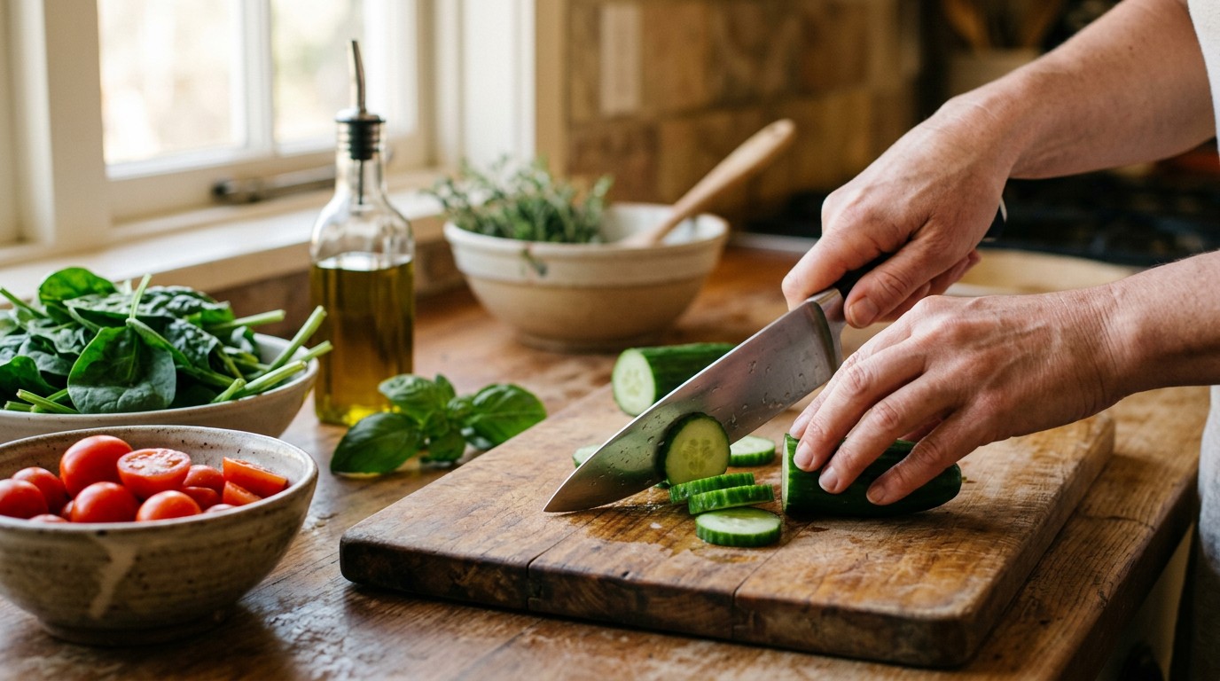 Fresh vegetables are prepared in a kitchen instead of searching how to get skinny fast.