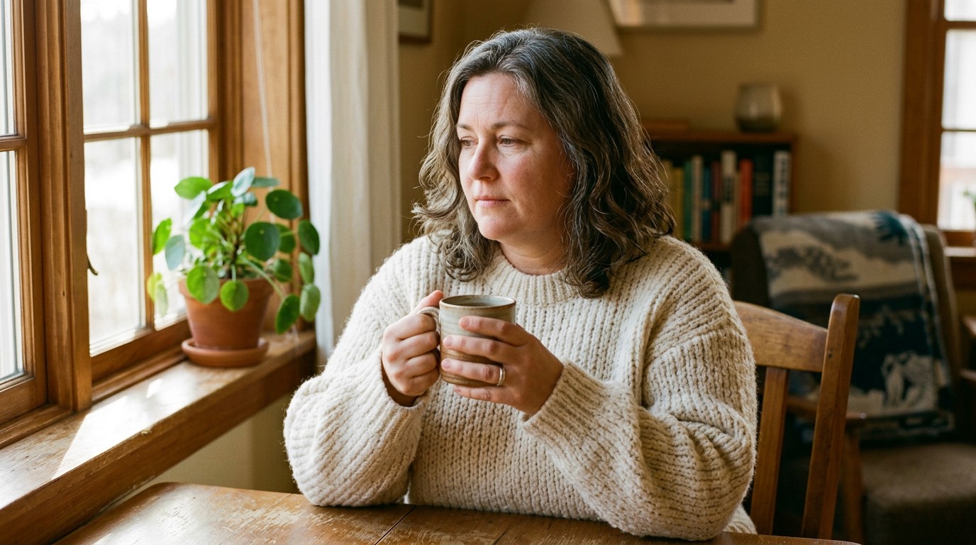 A woman in a cozy sweater holds warm tea, understanding how hormones affect your health and thyroid function.