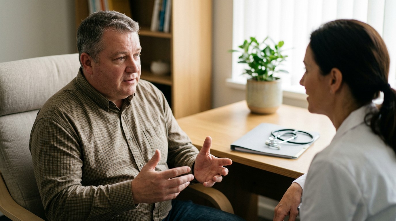 A patient discusses low testosterone weight loss options during a supportive consultation with his doctor.