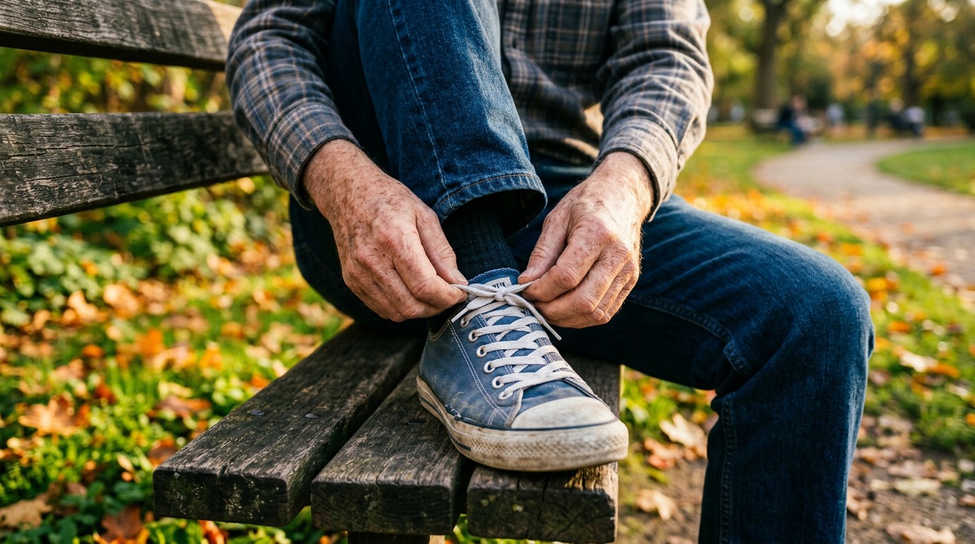 Older adult tying canvas sneakers on a park bench, keeping muscle mass and metabolism with age