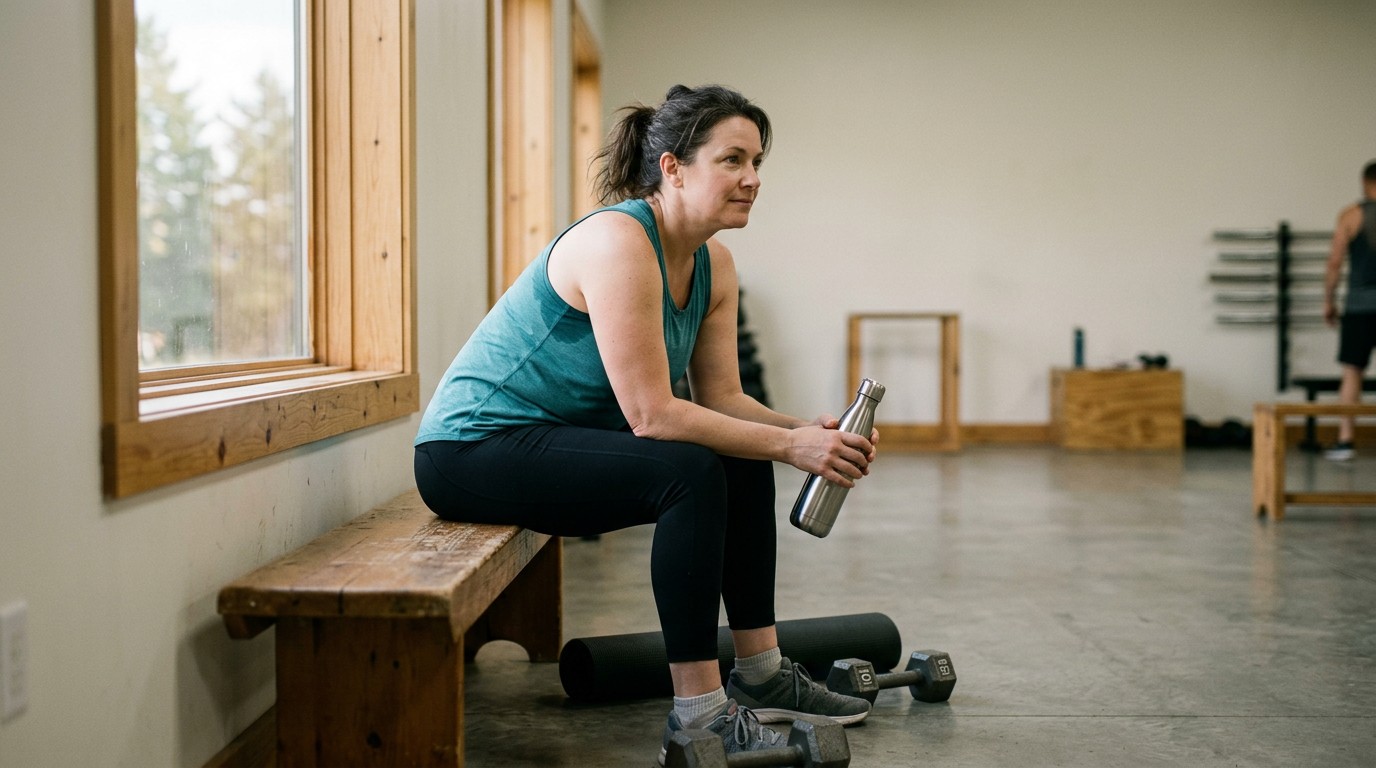 Woman resting on a bench after lifting weights, where muscle mass and resting metabolism meet