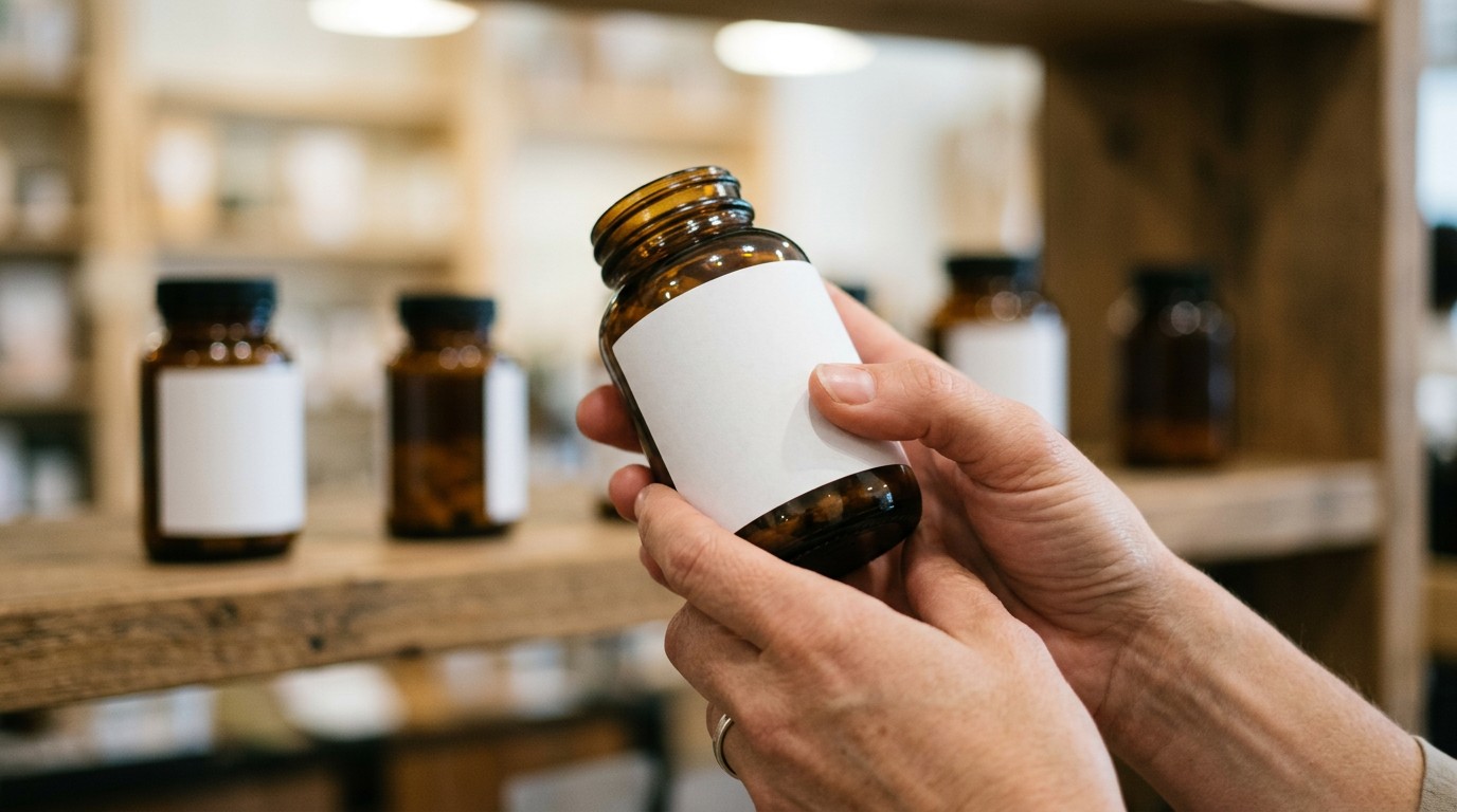Hands holding an amber supplement bottle with a blank label, asking whether green tea helps in weight loss.