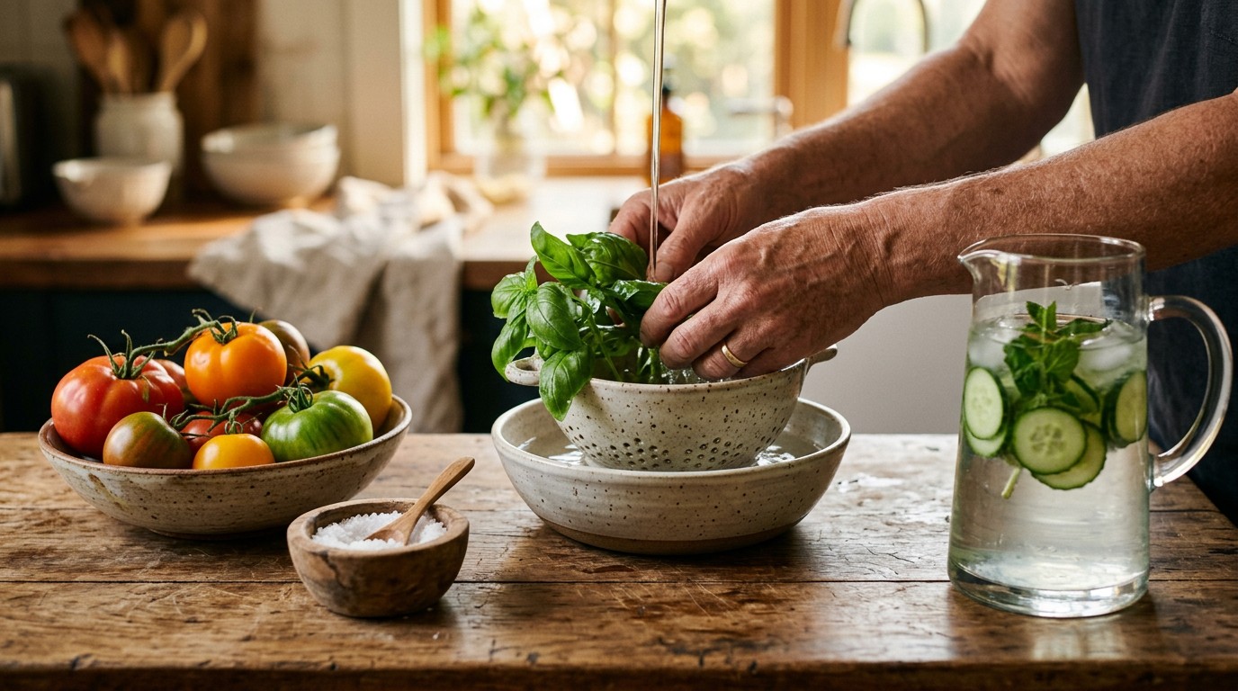 Fresh ingredients and a cucumber water pitcher on a kitchen counter, showing clean eating habits to drop water weight.