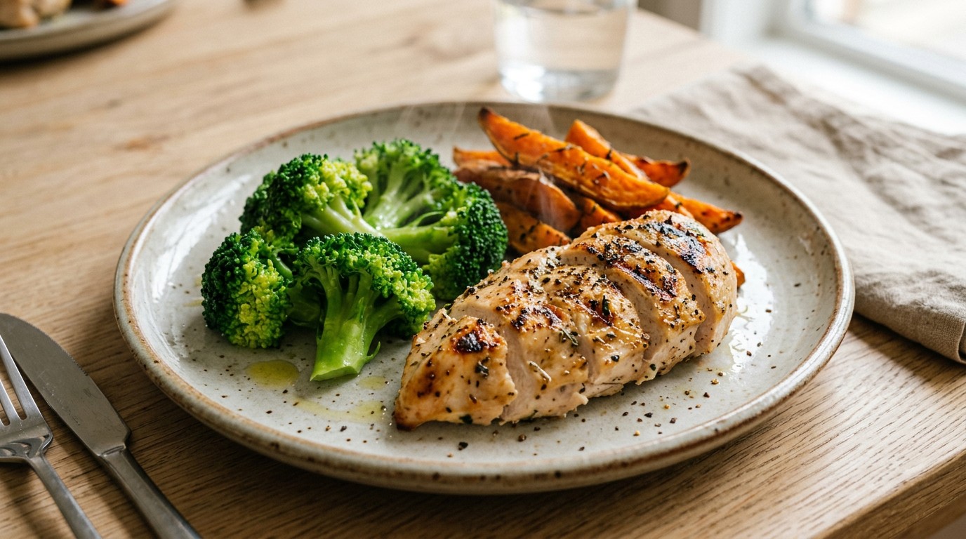 A balanced meal with chicken and vegetables, showing what to eat when learning how to lose love handles.