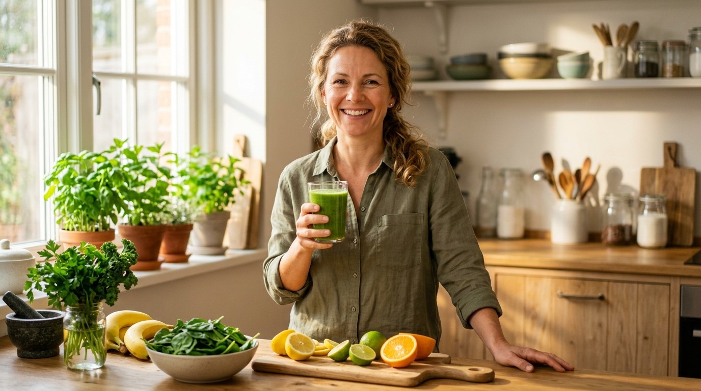 A woman enjoys a healthy green smoothie, focusing on habits instead of how to know my body fat percentage.