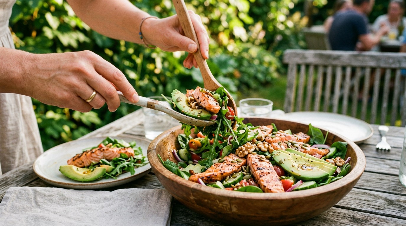 Hands prepare a protein-rich salmon salad to support skin health and manage saggy skin after weight loss.