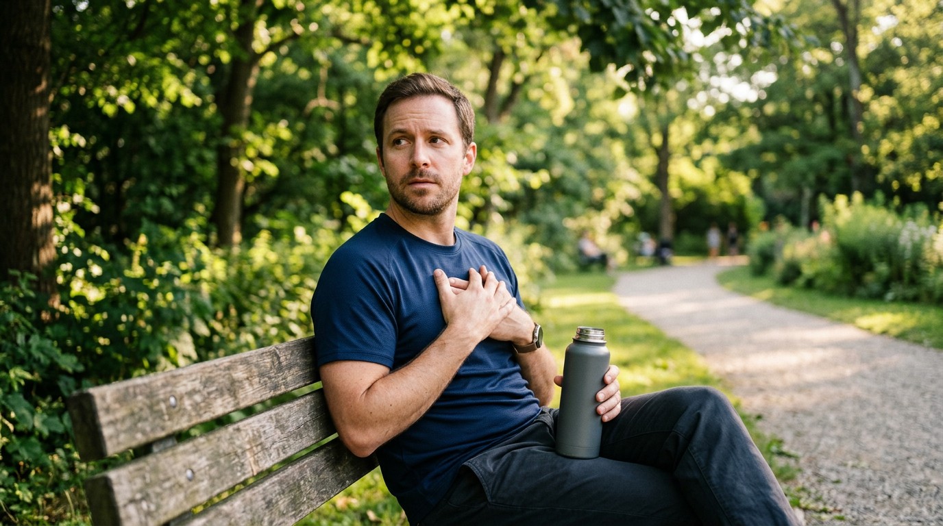 A man rests his hand on his chest, contemplating the cardiovascular anabolic steroid side effects on his heart.