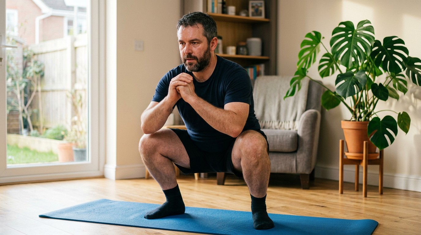 A man performs squats at home, understanding how to lose thigh fat through full body energy expenditure.