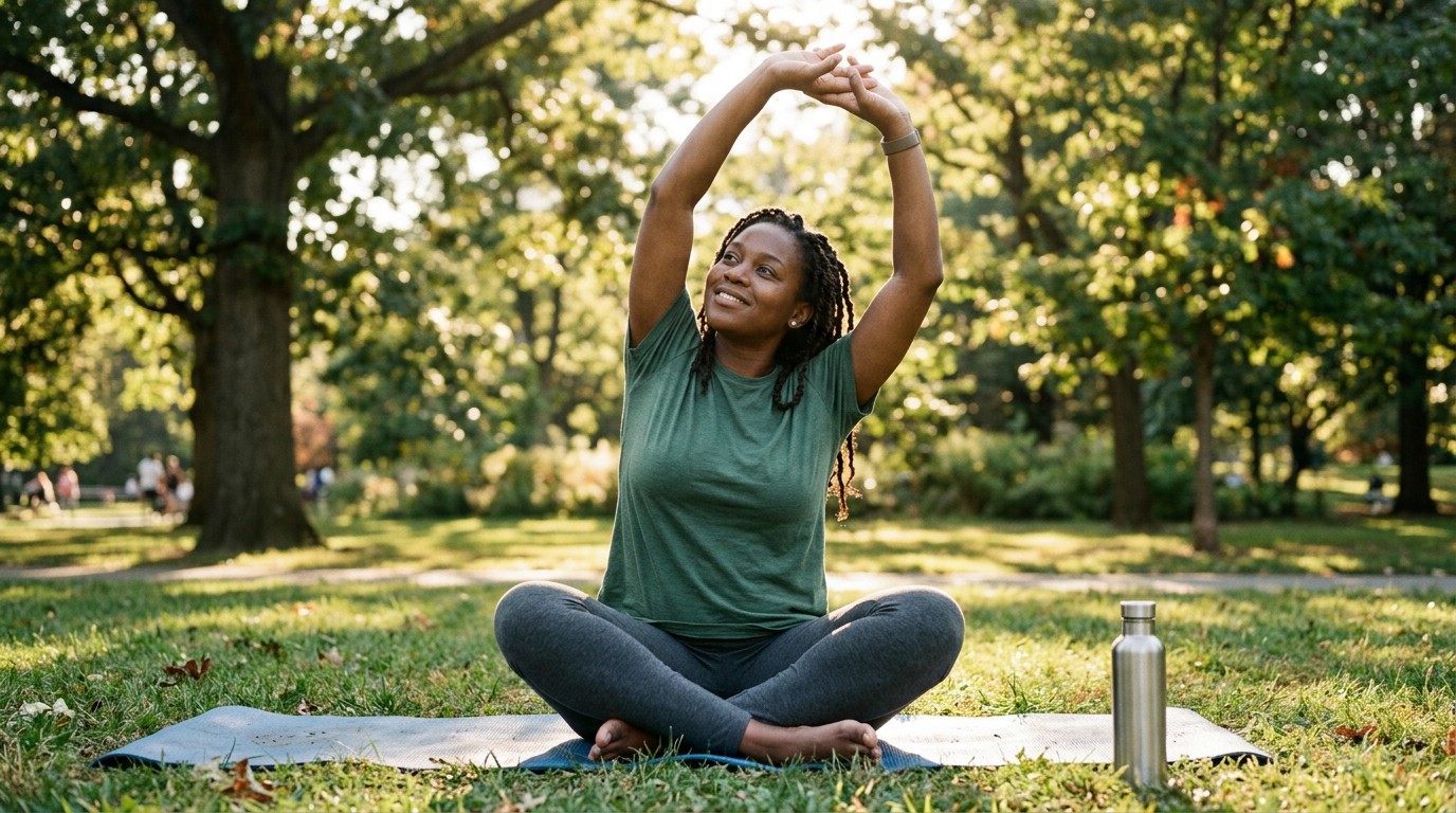 A mother stretching on a mat in a park, the gentle movement recommended after birth.