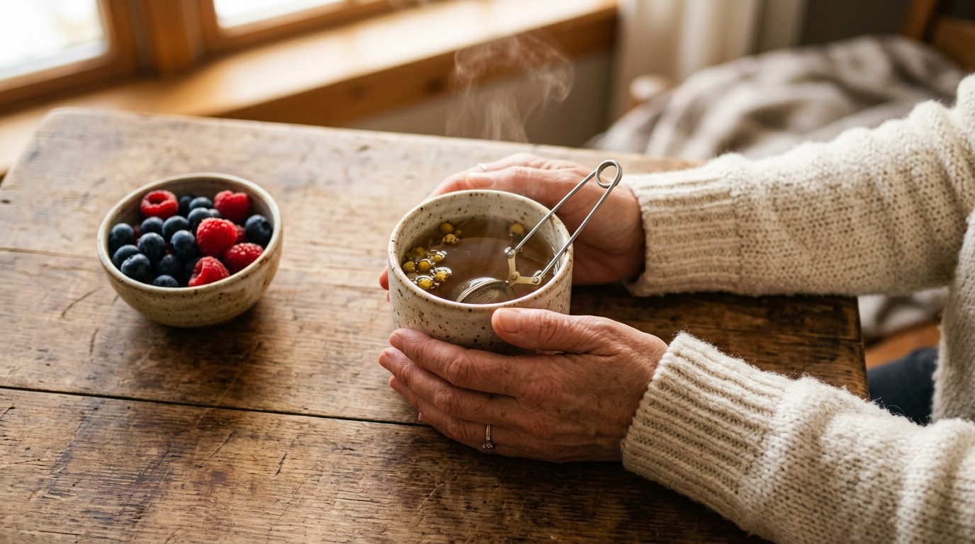 Hands resting beside a mug of tea and a bowl of berries on a wooden table.