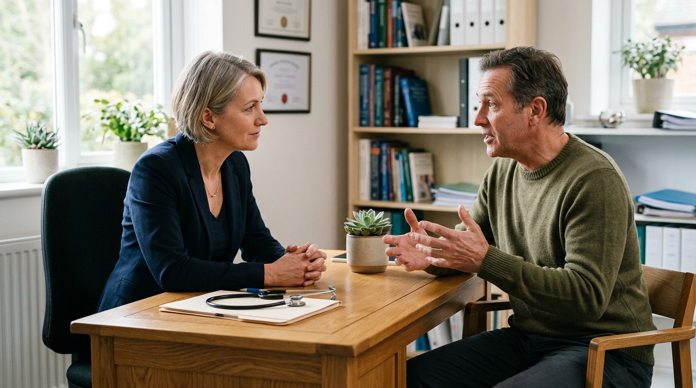 A patient talking with a doctor at a wooden desk about medication weight gain and safer options
