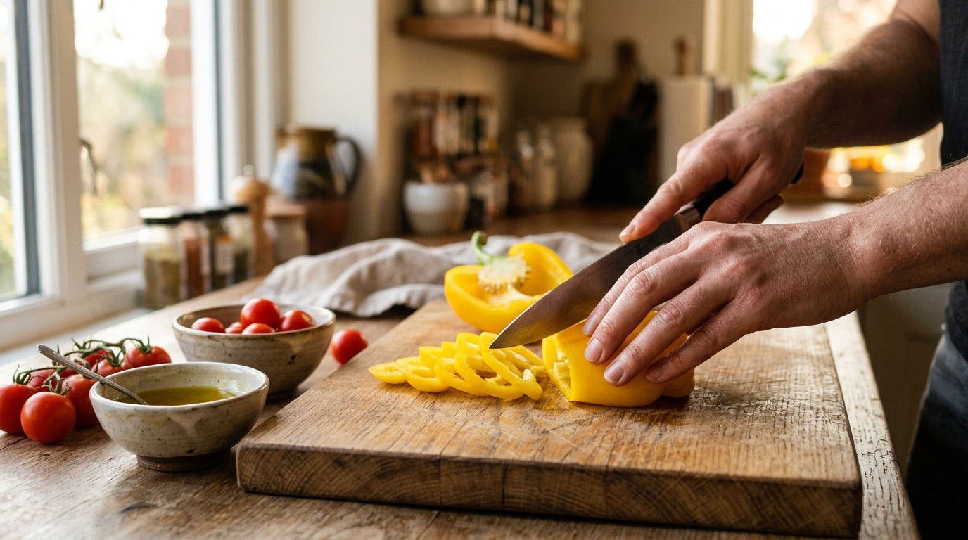 Hands slicing yellow peppers beside tomatoes in a home kitchen, cooking to lose weight from medication weight gain