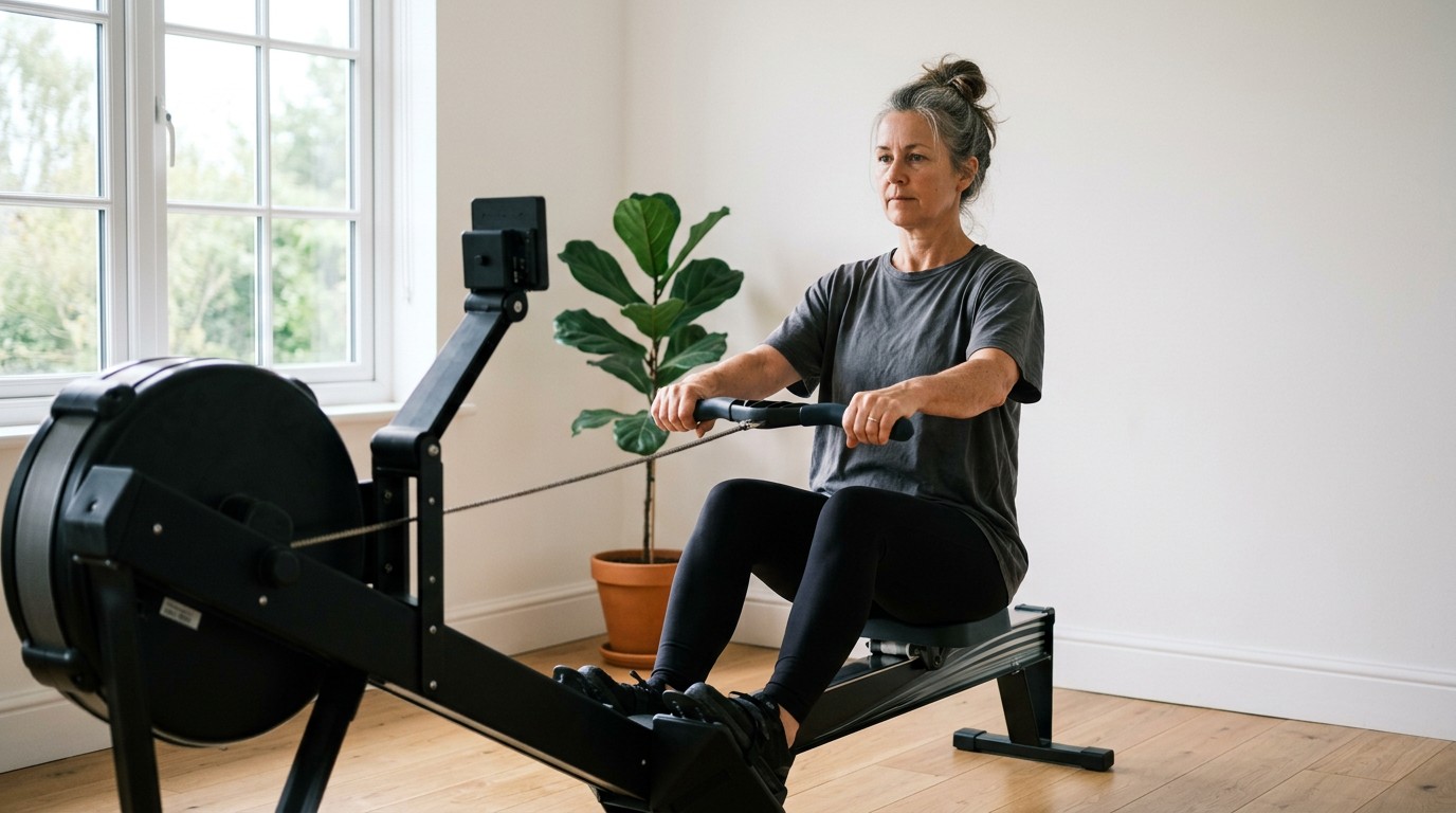 A woman rowing indoors, the aerobic training studied in how to reduce subcutaneous fat research.
