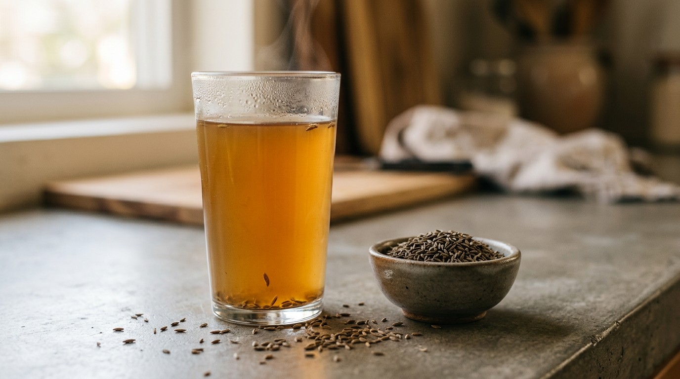 A glass of warm jeera water next to cumin seeds, exploring drinks that burn belly fat alternatives.