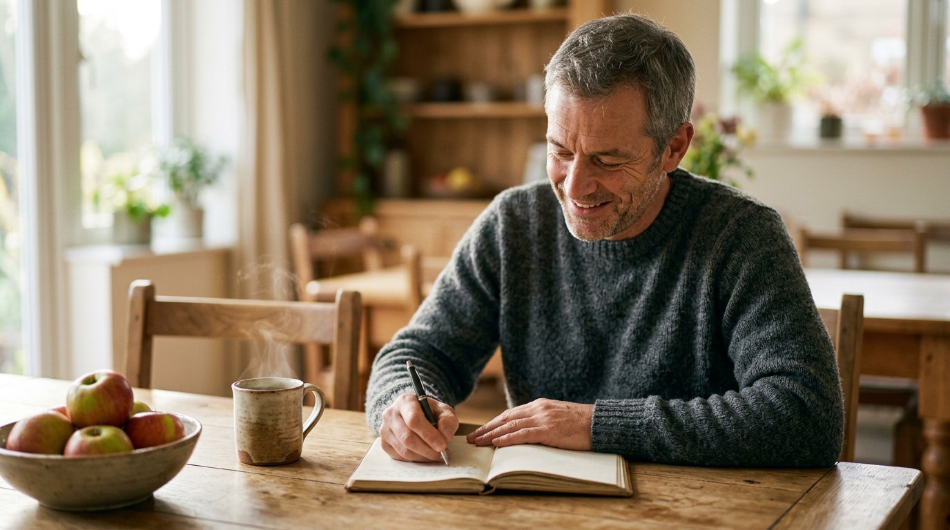 A man writes in a journal to adjust free calorie deficit calculator estimates with real data.