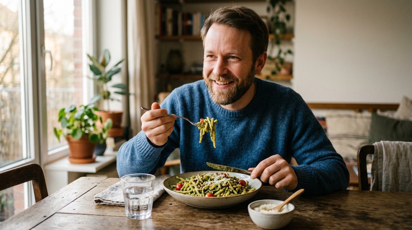A man enjoying a hearty pasta meal, illustrating how to gain weight for fast metabolism naturally.