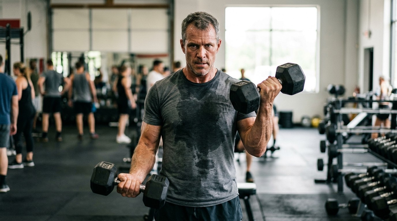A man lifts dumbbells in a gym to build muscle and manage saggy skin after weight loss.