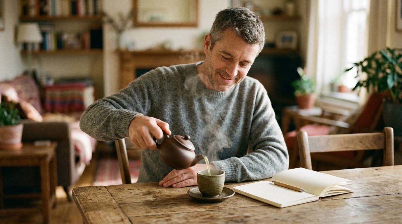 A relaxed man pours a cup of tea while contemplating if green tea helps in weight loss.