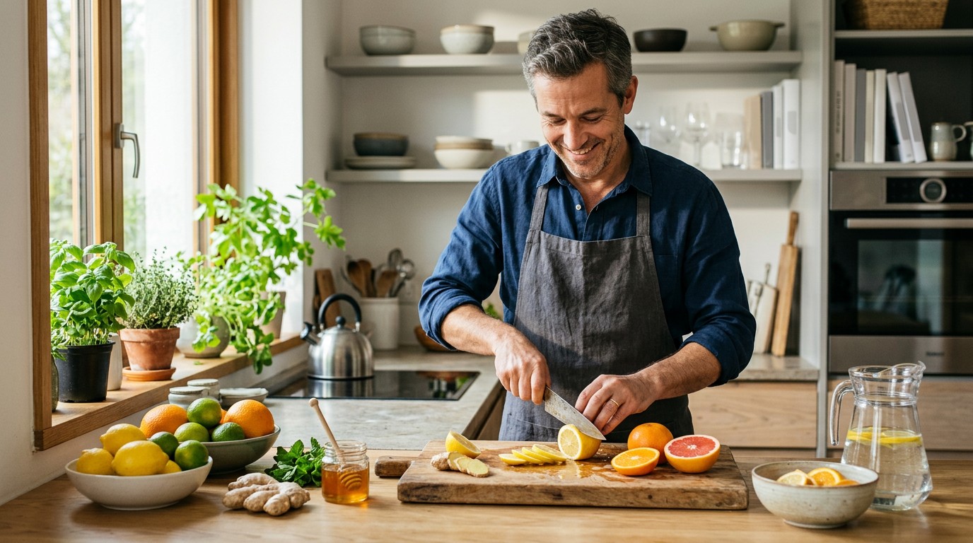 A man preparing fresh food, showing that men also deal with hypothyroidism effects on the body.