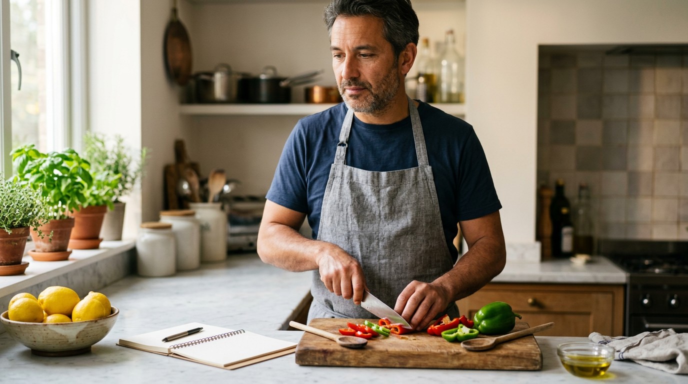 A thoughtful man prepping fresh vegetables in his kitchen while considering his personal calorie deficit formula.