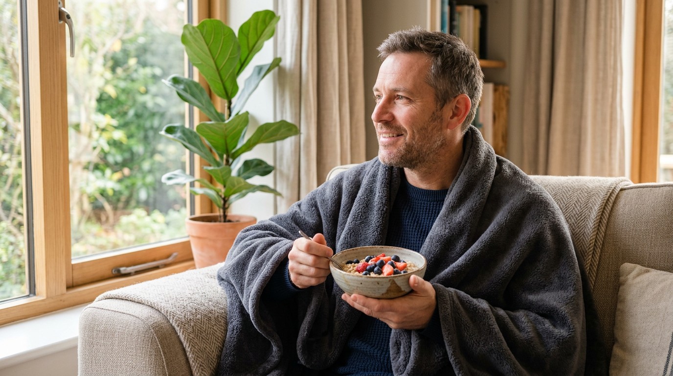 A man wrapped in a blanket eating oatmeal, contemplating if do ice baths burn fat or affect metabolism.