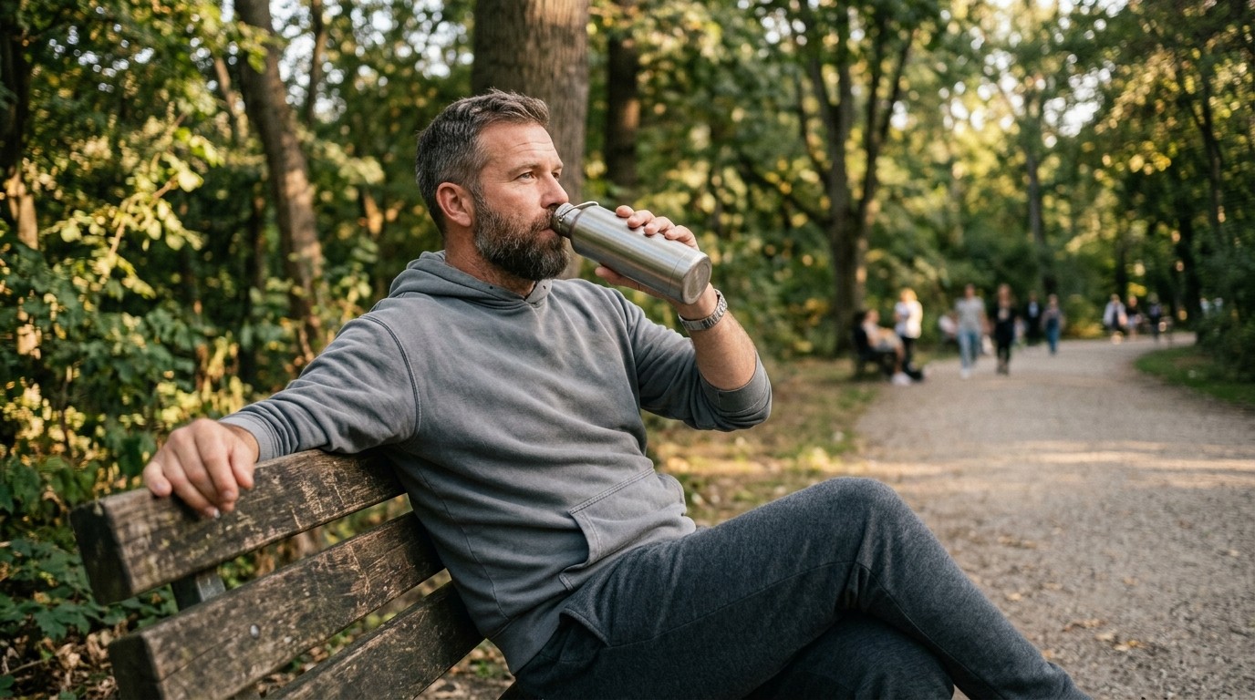 A man rests on a park bench, understanding how to get rid of fupa through patience.
