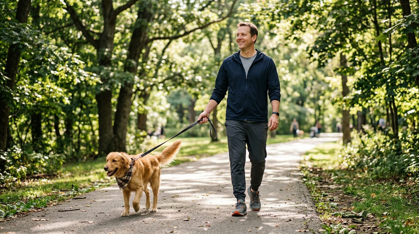 A man walking his dog in a sunny park to increase activity beyond a bmr calculator estimate.