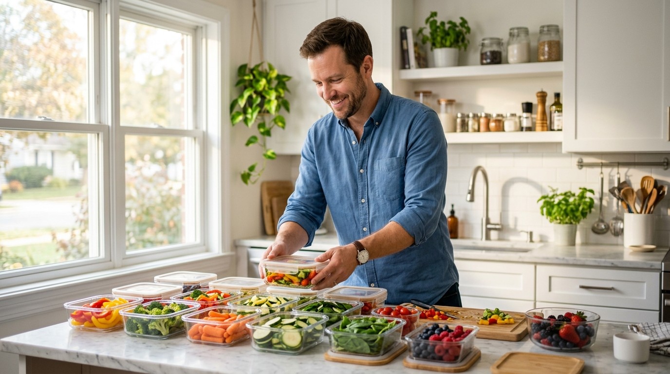 A man organizing fresh meal prep containers, demonstrating strategies when the last 5kg hardest to lose.