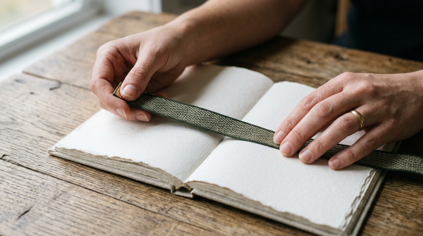 Hands laying a cloth tape measure across an open notebook, the tool behind consistent weight loss measurements