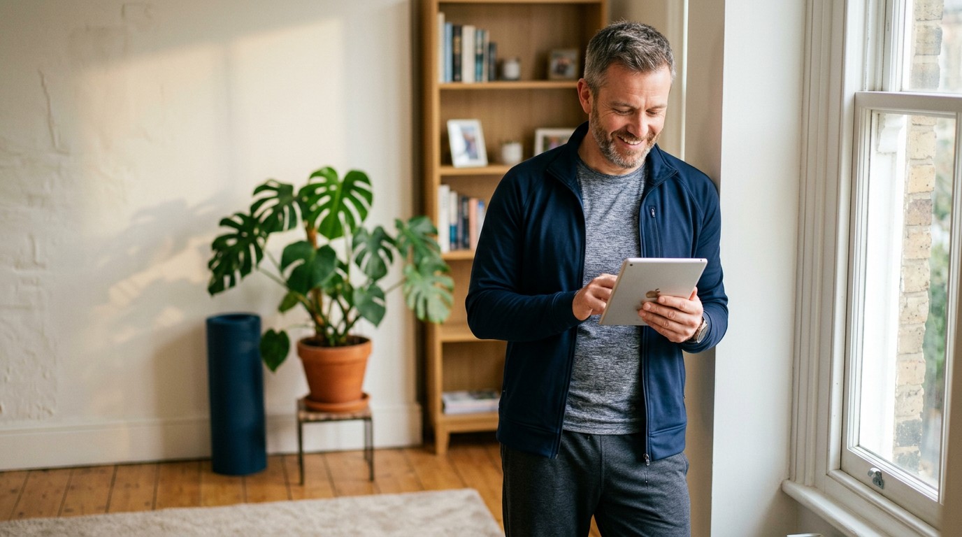 Man reviewing tracked body measurements on a tablet at home, watching the trend rather than one reading