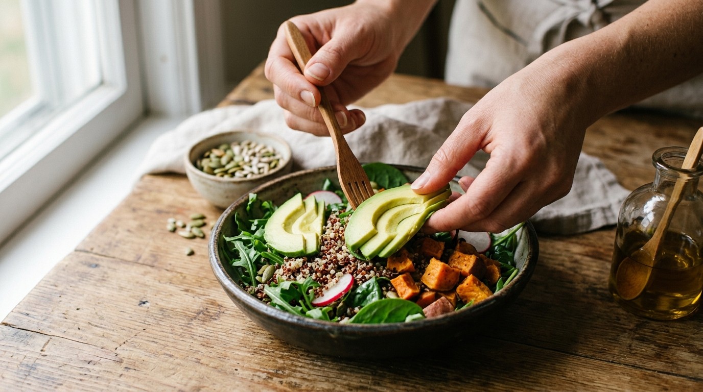 A close up of hands assembling a nutritious grain bowl, illustrating how to increase bmr through nutrition.