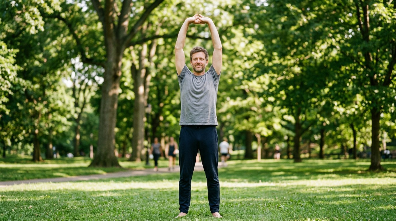 A man stretching in a park, learning how to burn back fat through movement.