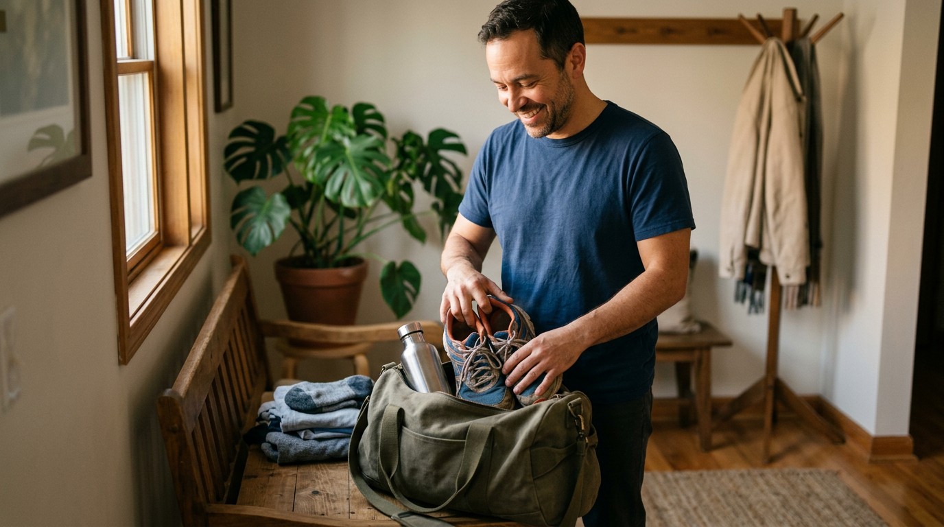 A man packs a gym bag, focusing on positive routines rather than a habit destroying your metabolism.