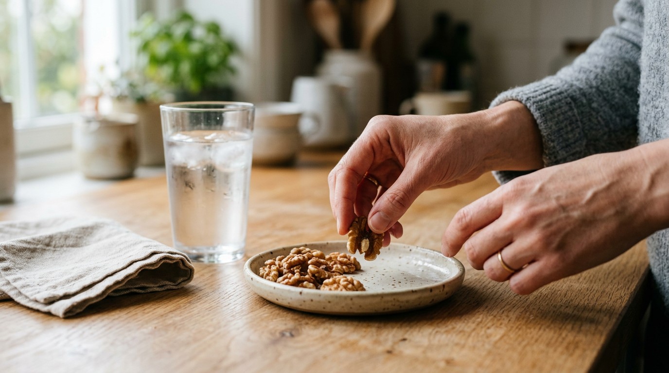 Hands arranging a precise portion of walnuts, illustrating metabolic adjustments when the last 5kg hardest to lose.