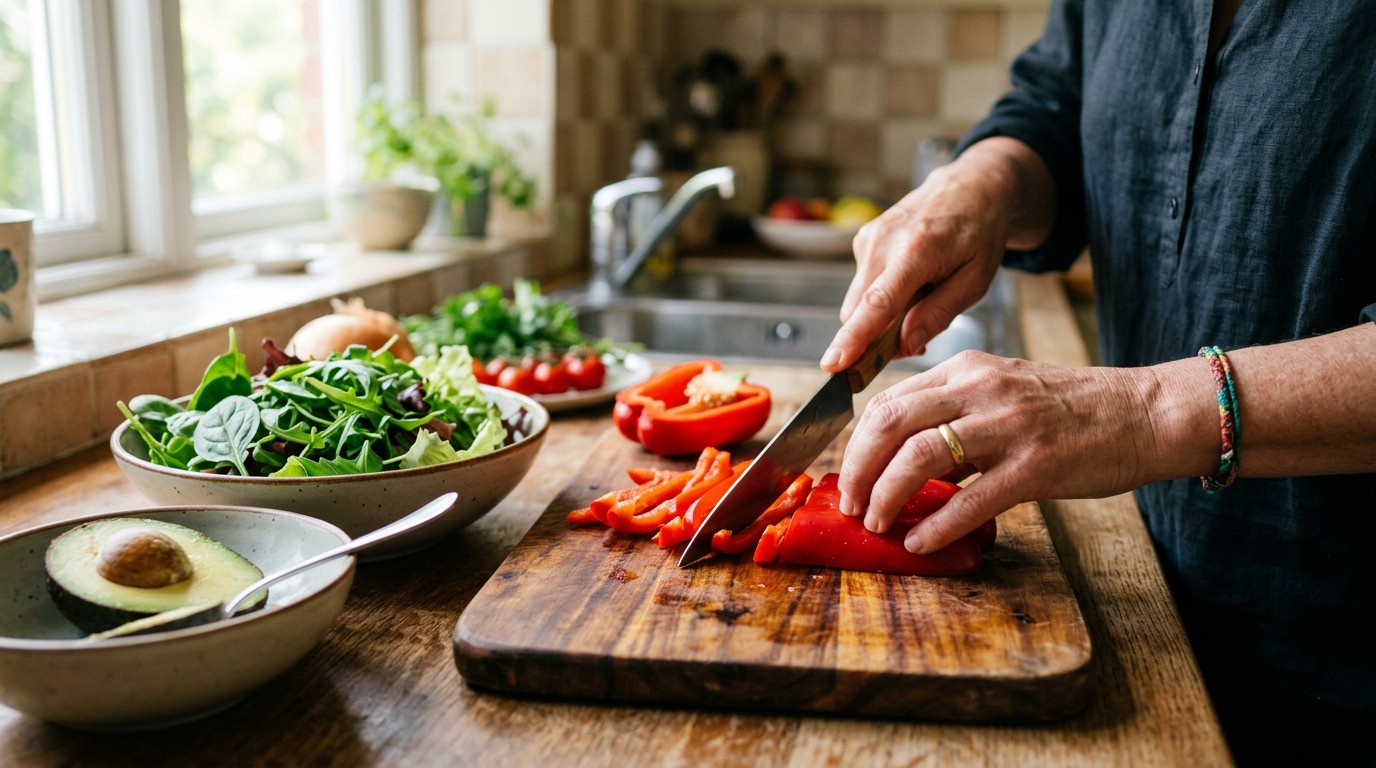 Hands slicing a red pepper on a wooden board beside salad greens and an avocado