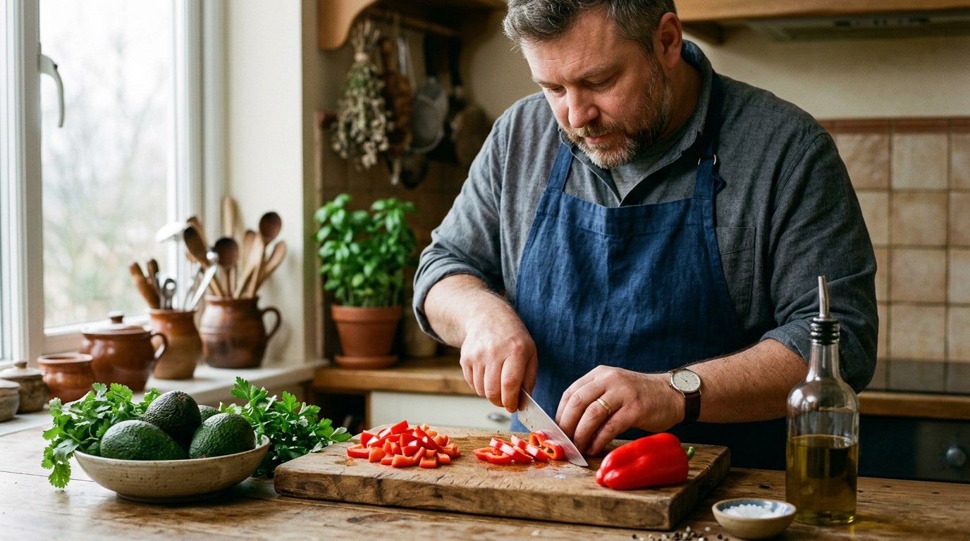 A man preparing fresh vegetables, showing a practical way how to lose weight with insulin resistance.