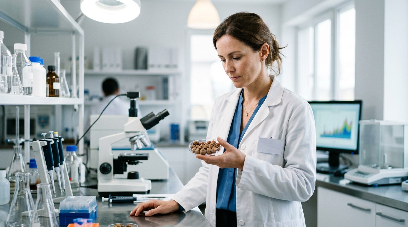A researcher in a laboratory examines dried gooseberries while studying scientific research on amla benefits.