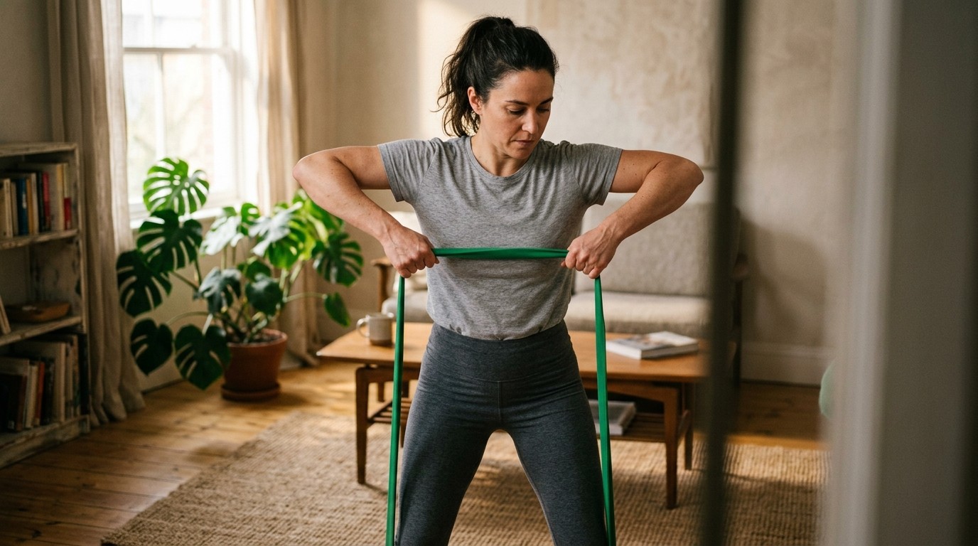 A woman uses resistance bands at home, demonstrating alternatives to traditional belly fat exercises.