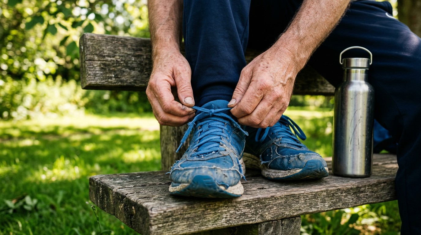 A man ties his running shoes before a workout to estimate activity for a free calorie deficit calculator.