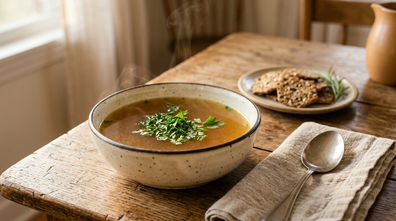 A steaming bowl of bone broth for weight loss served on a rustic table as a pre-meal snack.