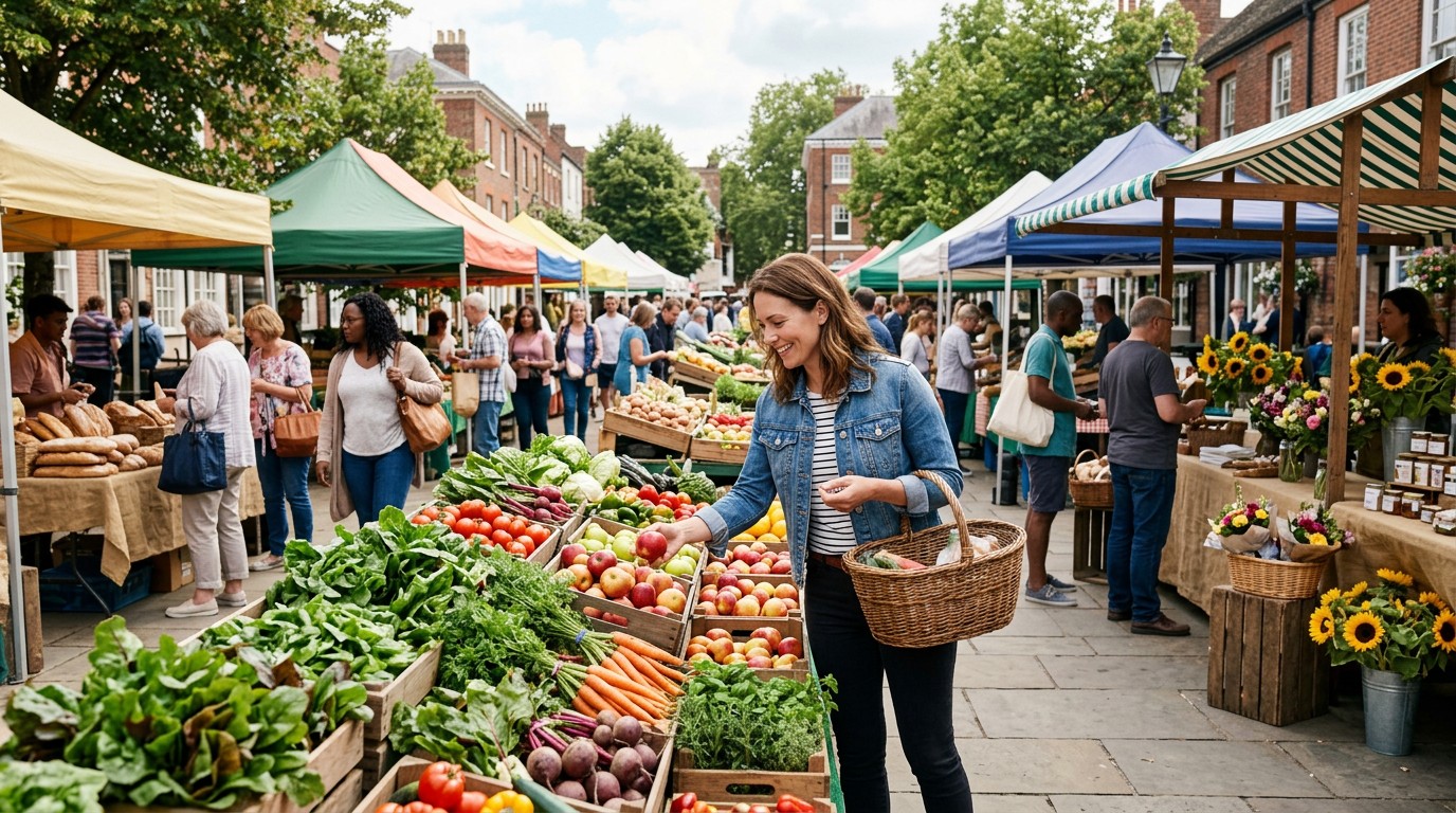 A diverse group of people shopping for fresh produce at an outdoor market, illustrating a healthy calorie deficit formula.