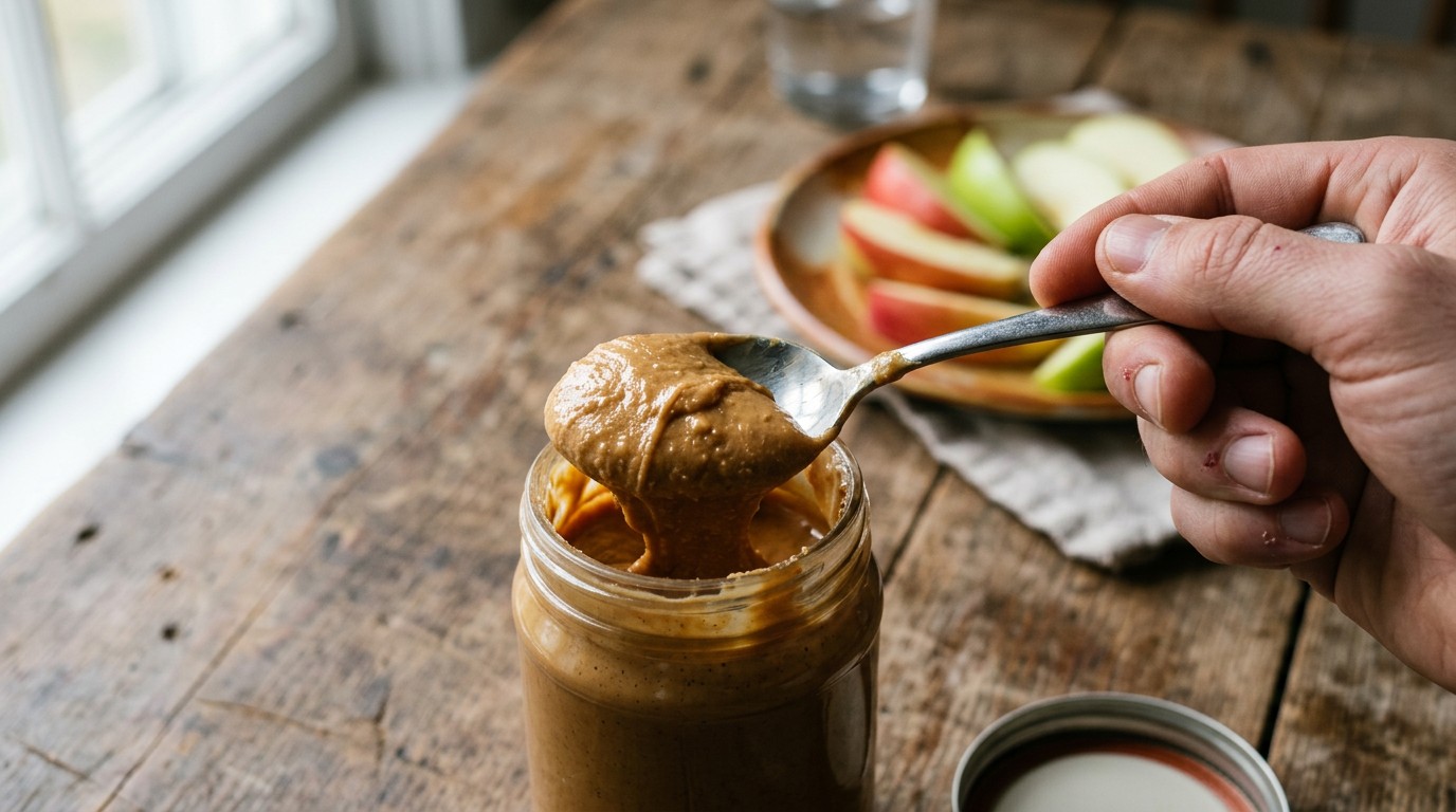 A close up of a spoon overflowing with peanut butter, illustrating calorie deficit measurement challenges.