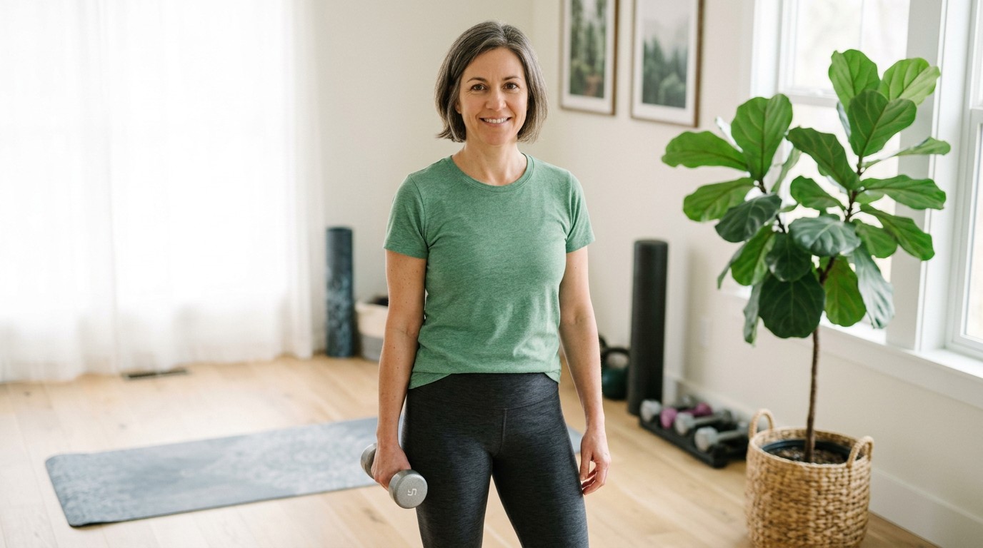 Midlife woman holding a dumbbell in a bright home room with a yoga mat