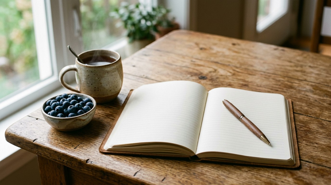An open notebook and tea on a table, demonstrating how to burn belly fat through consistency.