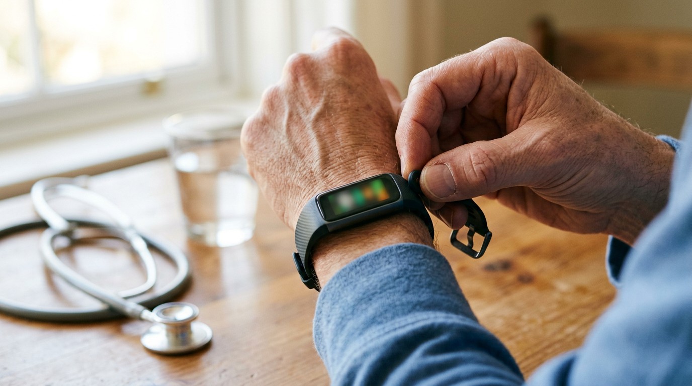 A close up of hands fastening a fitness tracker, showing everyday habits for how to lose apron belly.