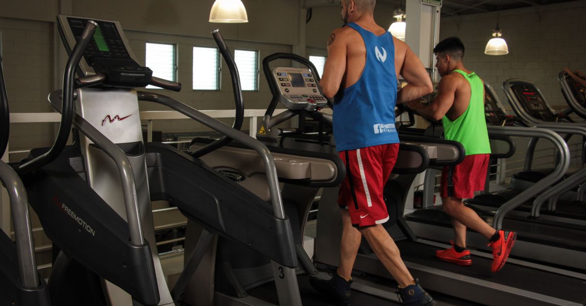Two men running side by side on gym treadmills, the cardio that follows or precedes weights