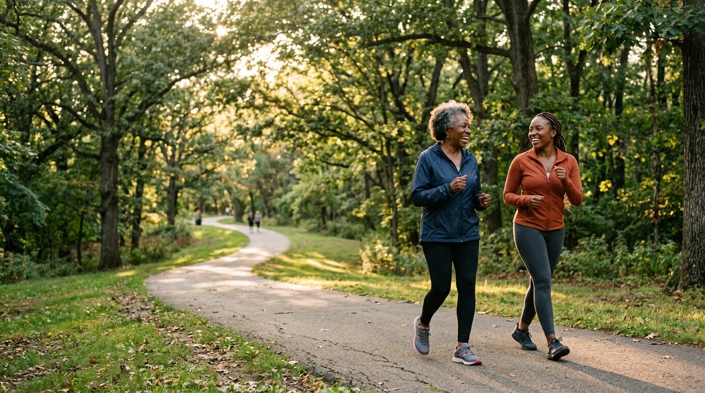 Two women walking briskly in a park, demonstrating how to lose weight with insulin resistance through movement.
